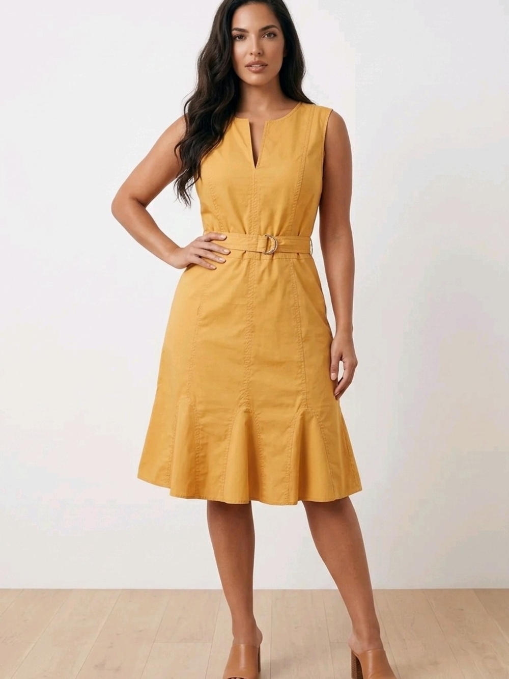 Calvin Klein Mustard Sleeveless Belted A-Line Dress